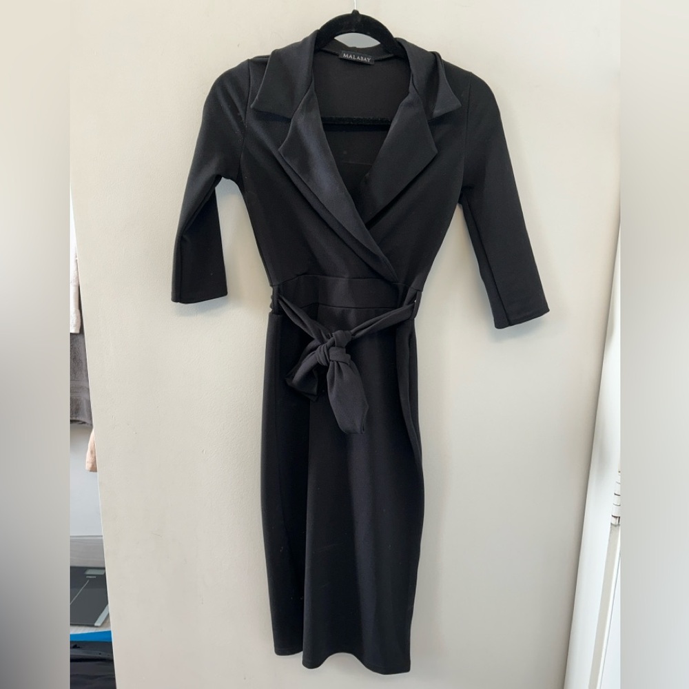 Black Wrap Dress with Notched Collar and Cuffed Sleeves